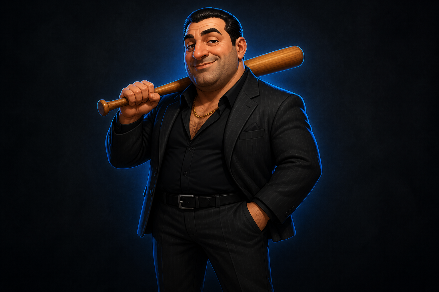 A tough Italian guy in a suit holding a baseball bat — friendly payment reminder